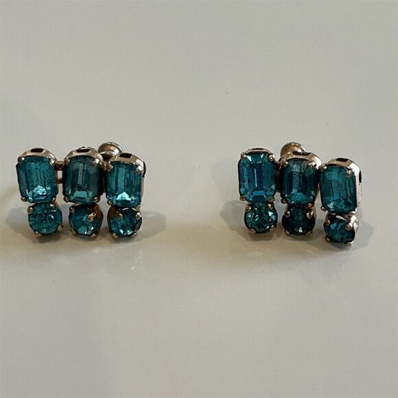 Vintage Teal Blue Rhinestone Screw Back Clip On Stud Dangle‎ Earrings - Picture 4 of 10